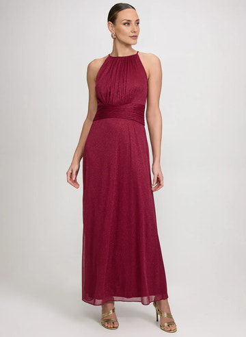 Glittered A-Line Halter Neck Mesh Wedding Guest Dress Long Gown with Ruched Waist
