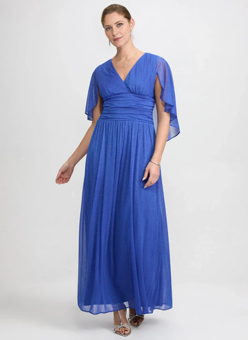 Glittered A-Line V-Neck Mother of the Bride Dress Floor-Length Gown with Capelet