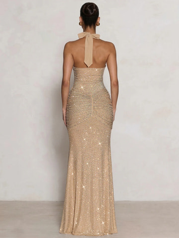 Sheath/Column Sparkling Ruched Halter Rhinestone Maxi Gown Evening Dress