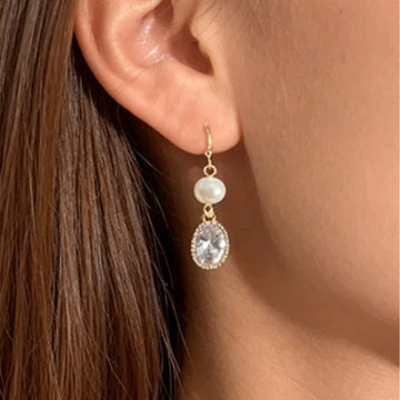 Gold-Tone Pearl and Oval Cubic Zirconia Drop Earrings