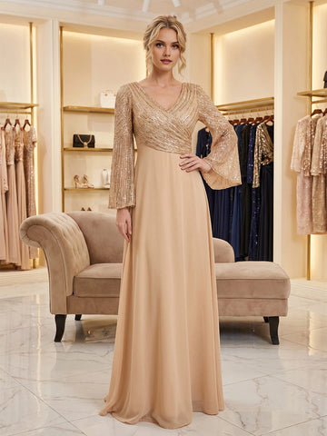 vedress champagne plus size mother dress v neck sequin wrap bell sleeve chiffon a-line floor gown
