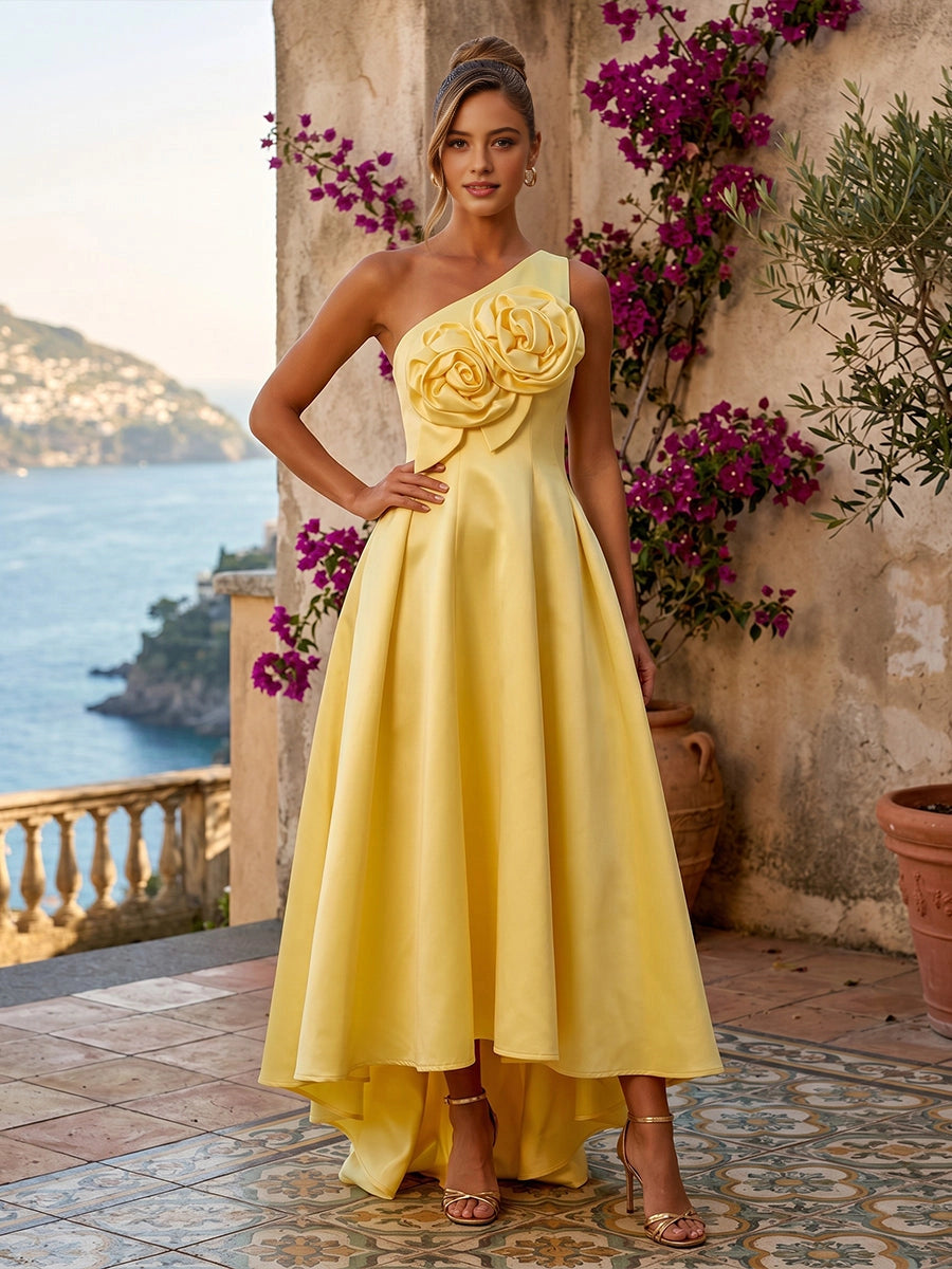 Vedress yellow satin one‑shoulder 3D rose high‑low ball gown bridesmaid dress