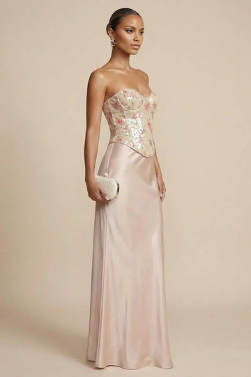 Espectacular vestido de fiesta de noche floral de sirena sin tirantes con lentejuelas de satén maxi ceñido