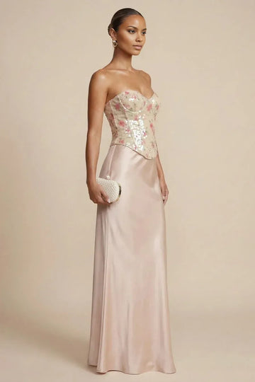 Gorgeous Mermaid Strapless Sequin Satin Maxi Sheath Prom Dress Floral Evening Dress