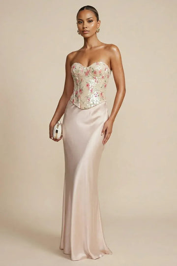 Espectacular vestido de fiesta de noche floral de sirena sin tirantes con lentejuelas de satén maxi ceñido