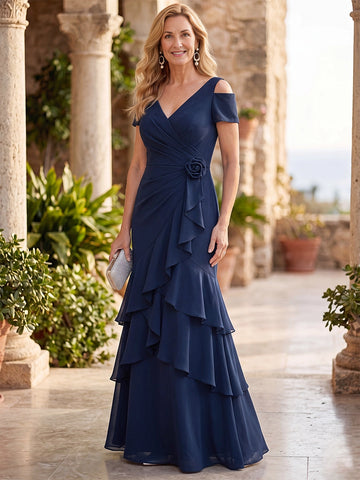 Vedress navy chiffon ruffle cold shoulder mermaid mother of the bride dress with floral rosette
