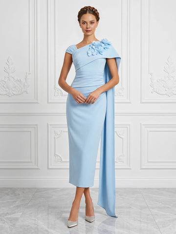 vedress light blue sheath midi mother of the bride dress one shoulder 3d flower sash formal gown