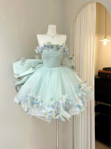 A-Line Princess Flared Strapless Sleeveless Tulle Mini Corset 3D Floral Back Bow Homecoming Dress