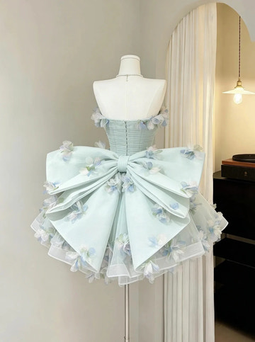 A-Line Princess Flared Strapless Sleeveless Tulle Mini Corset 3D Floral Back Bow Homecoming Dress