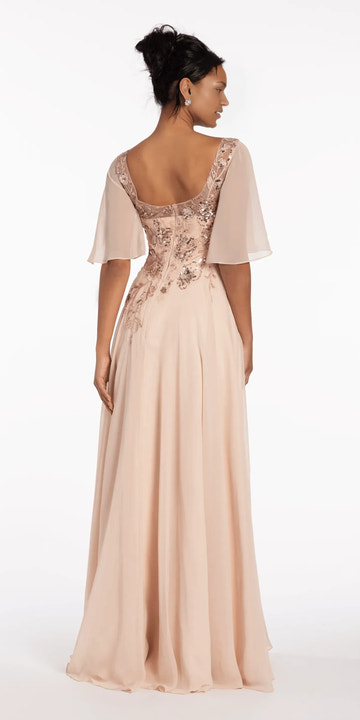 Graceful A-line Sweetheart FlutterSleeve LaceChiffon Floor SequinApplique OpenBack Formal Mother of the Bride Dress