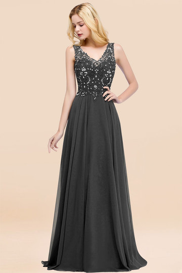 A-line V Neck Sleeveless Chiffon Applique Lace Floor Length Bridesmaid Dresses