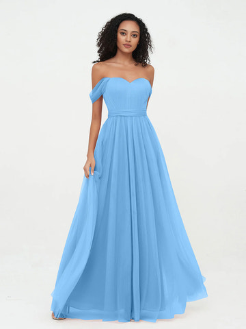 Off Shoulder Sweetheart Neck Tulle Pleated Waist Tie Back Floor-Length Bridesmaid Maxi Dress