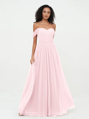 Off Shoulder Sweetheart Neck Bow Back Waist Belt Tulle A-Line Floor Length Bridesmaid Evening Maxi Dress