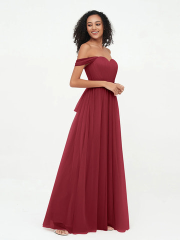 Off Shoulder Sweetheart Neck Bow Back Waist Belt Tulle A-Line Floor Length Bridesmaid Evening Maxi Dress