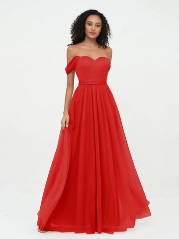 Romantic A-Line Sweetheart Off-Shoulder Short Draped Sleeve Tulle Tie-Waist Bridesmaid Dress