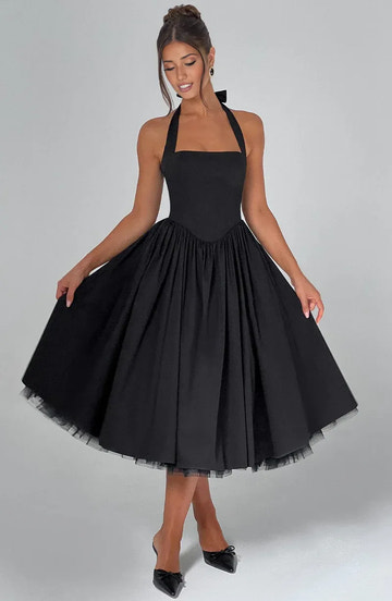 Halter Neck Midi Cotton Tulle Cocktail Party Dress A-line Evening Dress