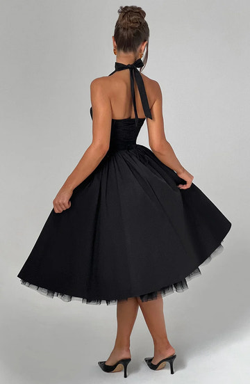 Halter Neck Midi Cotton Tulle Cocktail Party Dress A-line Evening Dress