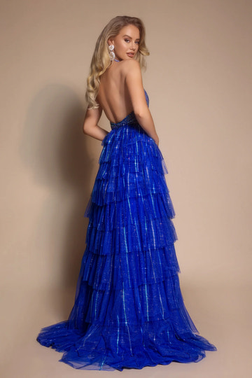 Glamorous Halter Neck Tulle Floor-Length Tiered A-Line Gown Prom Dress