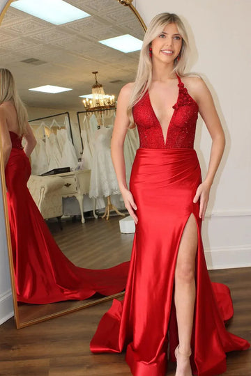 Halter Neck Deep V Beaded Sequin Floral Appliqué Ruched Satin Mermaid High Slit Sweep Train Prom Evening Gown