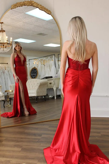 Halter Neck Deep V Beaded Sequin Floral Appliqué Ruched Satin Mermaid High Slit Sweep Train Prom Evening Gown