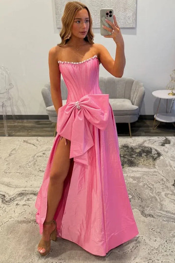 Vestido de fiesta con corsé palabra de honor de satén rosa fuerte y corte en A
