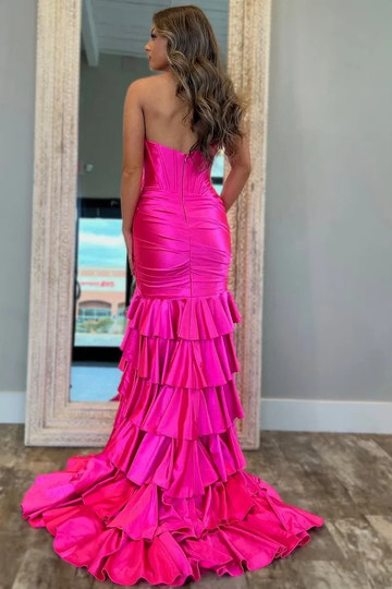Vestido de Noche Rosa Fucsia de Satén con Corsé sin Tirantes y Abertura Alta, Corte Sirena