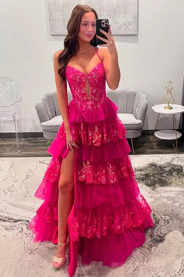 Vestido largo de fiesta rosa fucsia de tul corte A con escote corazón, tirantes finos y espalda descubierta