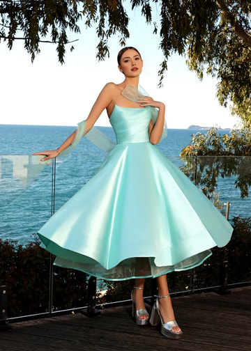 Elegant strapless a-line tea length prom dress with tulle drape straps