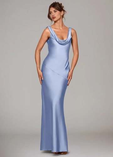 Elegant Mermaid Satin Cowl Neck Long Sleeveless Bridesmaid Dresses with Low Back Detail Evening Gown