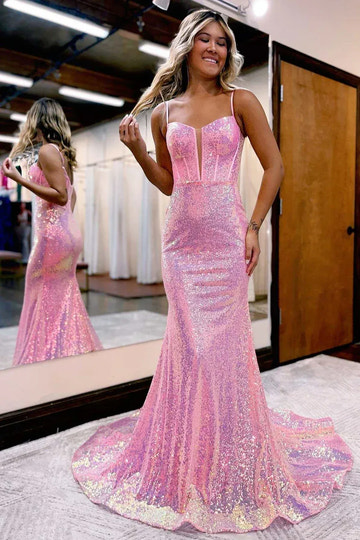 Iridescent Pink Sequin Mermaid Sweetheart Spaghetti Strap Backless Maxi Prom Gown
