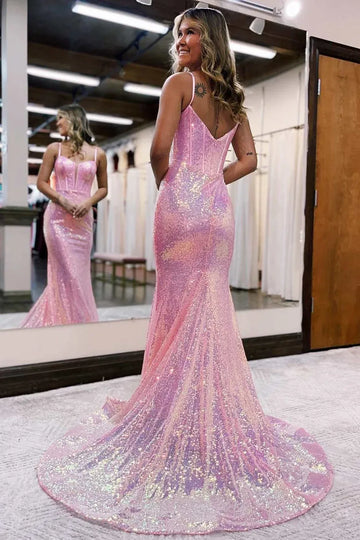 Iridescent Pink Sequin Mermaid Sweetheart Spaghetti Strap Backless Maxi Prom Gown