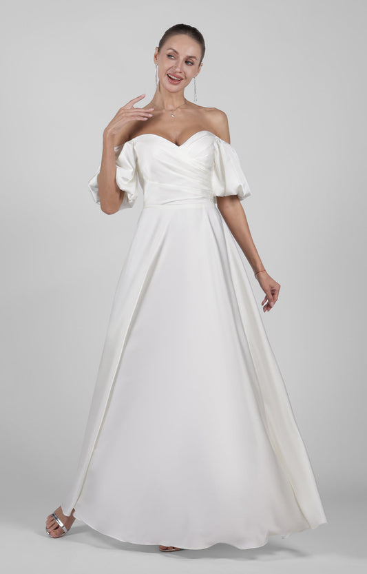 Elegant Off Shoulder Satin Wedding Dress with Puff Sleeves Floor-Length Bridesmaid Maxi Dress