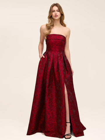 A-line Jacquard Ball Gown Strapless Floral Slit Pocket Evening Dress