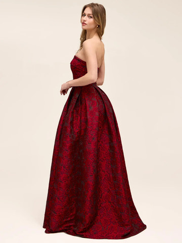 A-line Jacquard Ball Gown Strapless Floral Slit Pocket Evening Dress