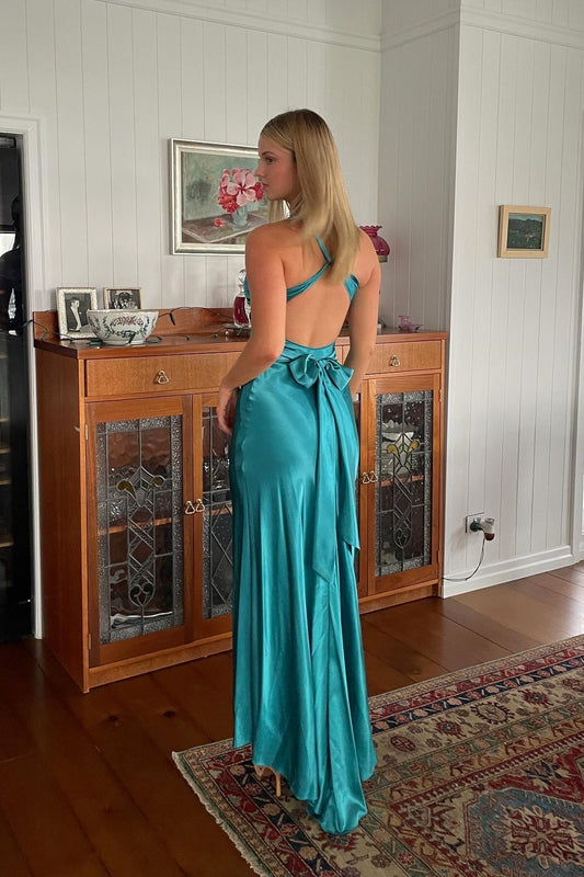 Sheath Halter Neck Soft Satin Wedding Guest Long Party Dress with Backless Bowknot Evening Dresses