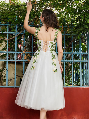 Corset Top A-Line Prom Dress with Flower Appliques Lace Up Midi Tulle Cocktail Dress
