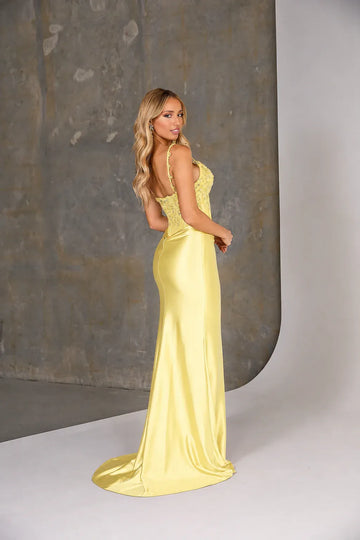 Sophisticated Spaghetti Strap Beaded Applique Illusion Corset Satin Mermaid Prom Gown
