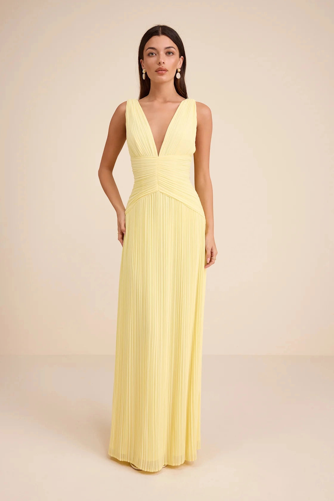 Vedress blush pink chiffon tiered v neck spaghetti strap maxi bridesmaid gown front ruffle skirt view