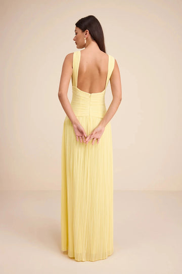 Lemon Yellow Column V Neck Sleeveless Deep Back Maxi Bridesmaid Gown Vedress