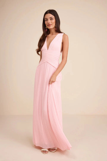 Lemon Yellow Column V Neck Sleeveless Deep Back Maxi Bridesmaid Gown Vedress