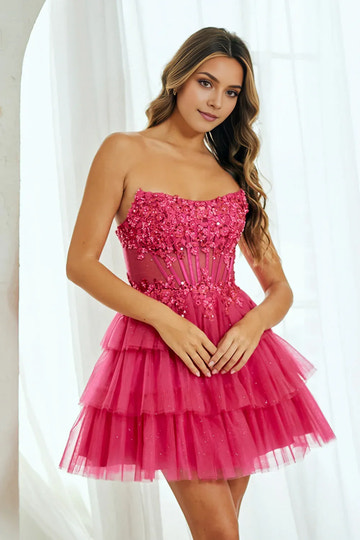 A-line Princess Lace Corset Strapless Tulle Tiered Short Homecoming Dress