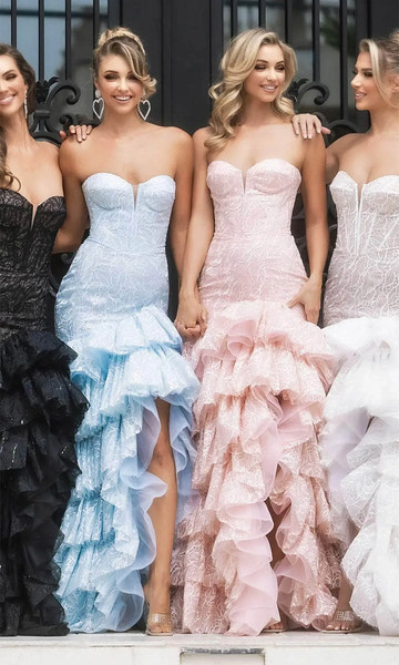 Vestido de fiesta de sirena de encaje glamuroso sin tirantes, corsé con volantes y abertura