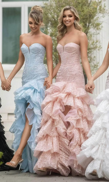 Glamorous Lace Mermaid Tiered Strapless Corset Ruffle Slit Prom Dress
