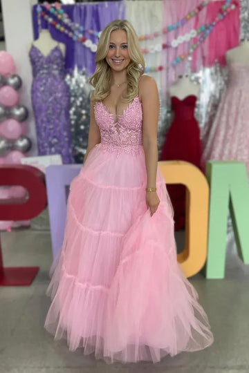 Lace Applique Corset A-Line Deep V Neck Double Spaghetti Strap Tiered Tulle Floor Length Prom Evening Gown