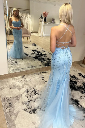 Lace Applique Mermaid Spaghetti Strap Lace-Up Floor-Length Prom Gown