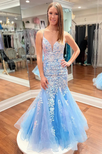 Vestido de fiesta largo de sirena con escote en V, apliques de encaje, sin mangas y con cordones