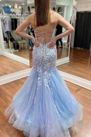 Vestido de fiesta largo de sirena con escote en V, apliques de encaje, sin mangas y con cordones