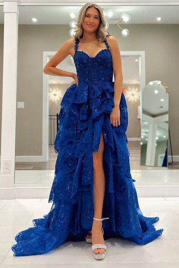 Lace Ruffle Ball Gown Sweetheart Sleeveless Backless Floor-Length Prom Gown