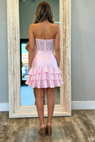Lace Satin Bodycon Strapless Sheer Corset Ruched High Slit Ruffle Mini Homecoming Dress