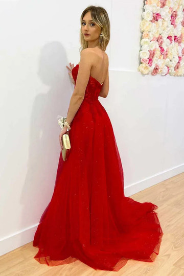 Lace Tulle A-Line Sweetheart Strapless Backless Prom Gown